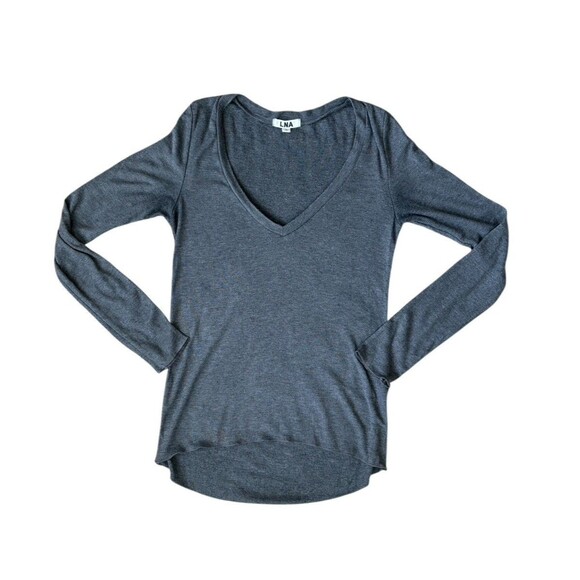 Revolve LNA Long Sleeve Ribbed Top Women's Size XS V-Neck Dark Gray Fitted Soft - Picture 8 of 12